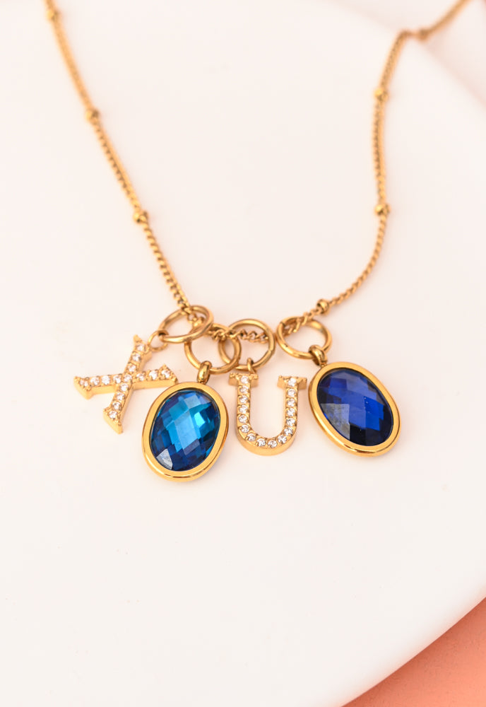 Two Initial & Two Birthstone Charms Gold Necklace Set