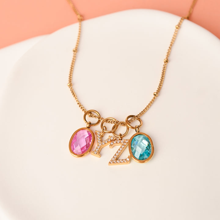 Two Initial & Two Birthstone Charms Gold Necklace Set