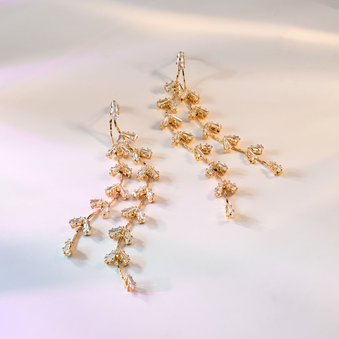 Graceful Willow Zircon and Gold Dangle Earrings