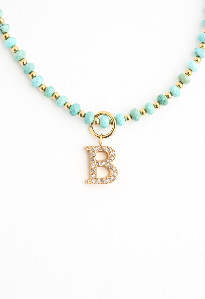 Turquoise Beaded Necklace with Initial Charm