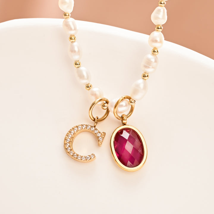 One Initial & One Birthstone Charm on Freshwater Pearl Necklace (2 charm set)