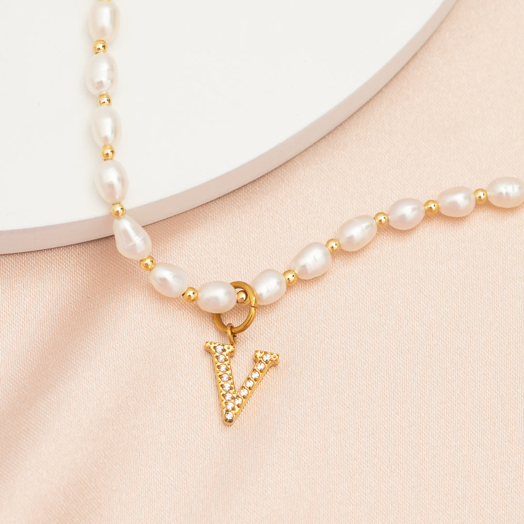 One Initial Charm on A Freshwater Pearl Necklace