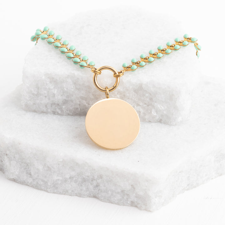 Engravable Round Pendant on Seeds of Hope Chain in Mint