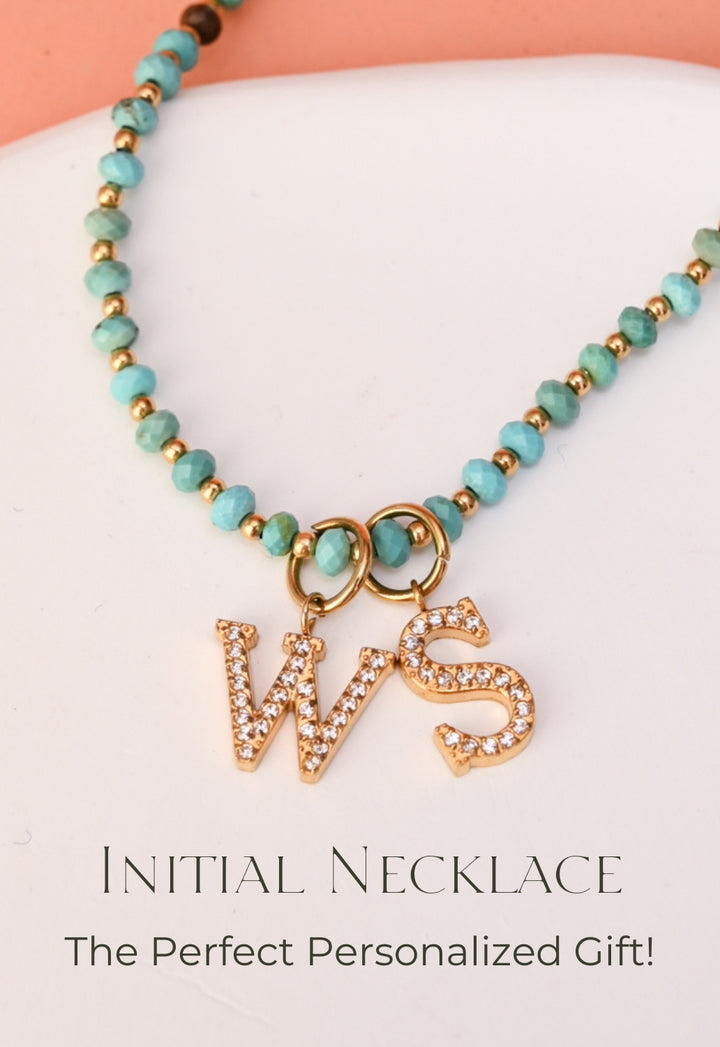 Turquoise Beaded Necklace with 2 Initial Charms