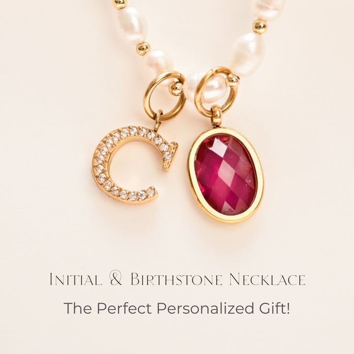 One Initial & One Birthstone Charm on Freshwater Pearl Necklace (2 charm set)