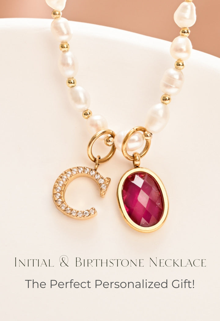 One Initial & One Birthstone Charm on Freshwater Pearl Necklace (2 charm set)