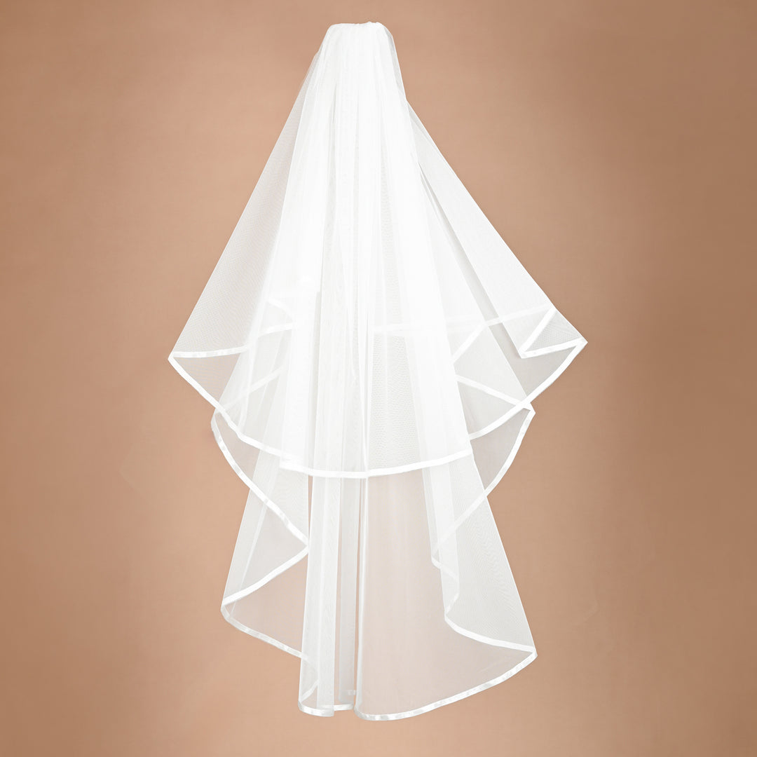 Treasured Two Tier Satin Ribbon Trim Fingertip Length Veil