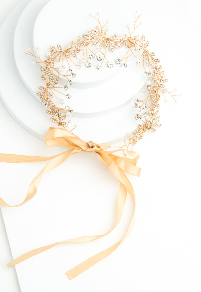 Ethereal Vine Gold Crystal and Pearl Silk Ribbon Headband