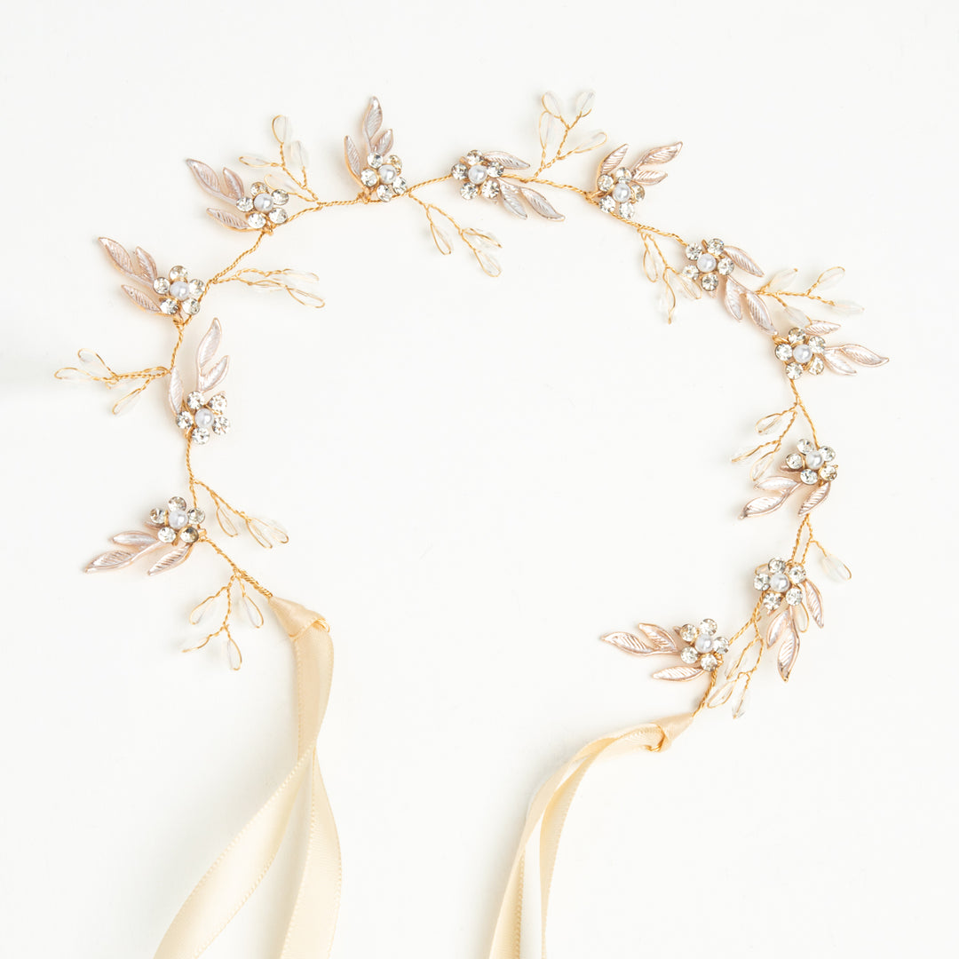 Petite Floral Crystal and Pearl Silk Ribbon Headband