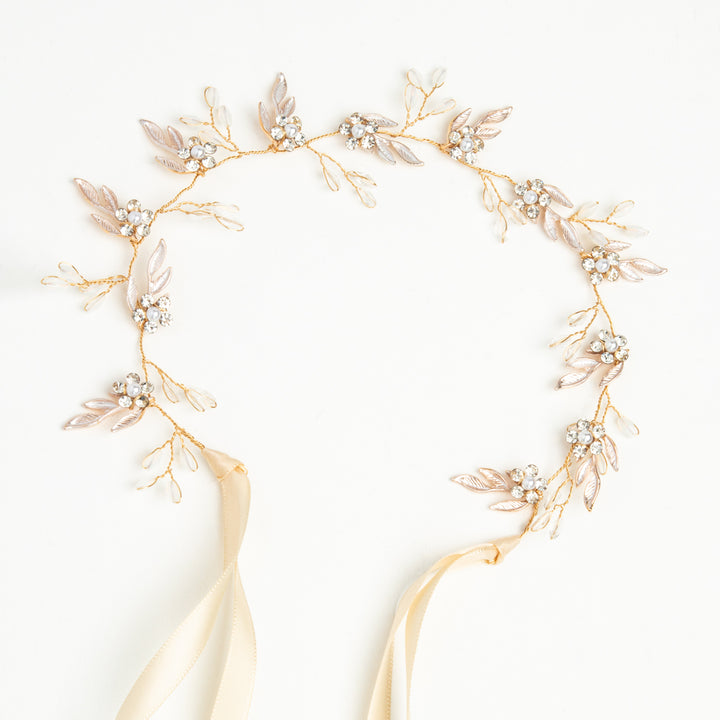 Petite Floral Crystal and Pearl Silk Ribbon Headband